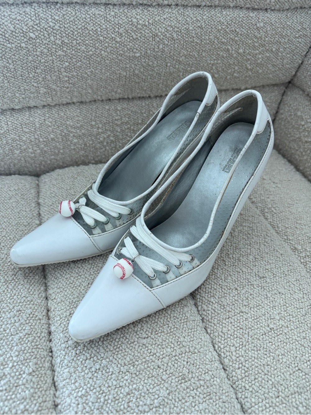 White Pointed Toe Womenโs Heels with Baseball Charm